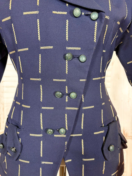 1940s Navy Wool Tailored Jacket – Woven Cream Rope Pattern, Shawl Collar