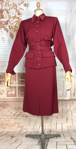 Exceptional 1940s Burgundy Red Gabardine Belted Skirt Suit By Gilbert Original