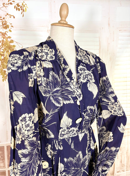 Navy Blue And White 1940s Day Dress With Large Floral Print