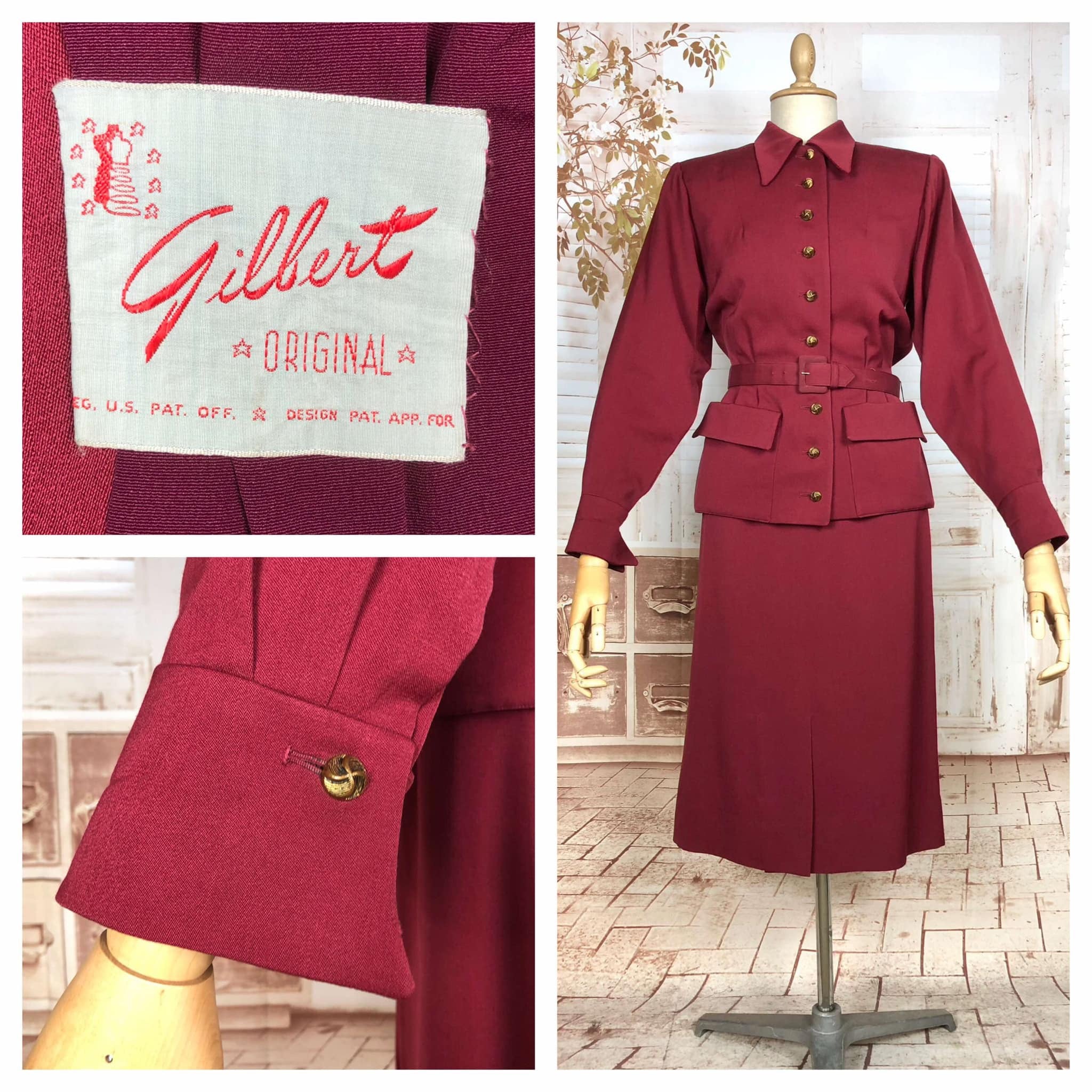 Exceptional 1940s Burgundy Red Gabardine Belted Skirt Suit By Gilbert Original