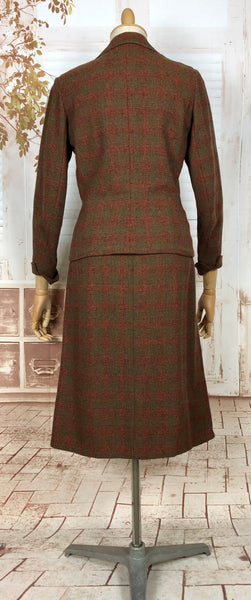 Amazing Original 1940s Volup Vintage Autumn Tone Rust Brown And Green Plaid Skirt Suit