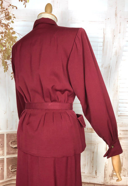 Exceptional 1940s Burgundy Red Gabardine Belted Skirt Suit By Gilbert Original