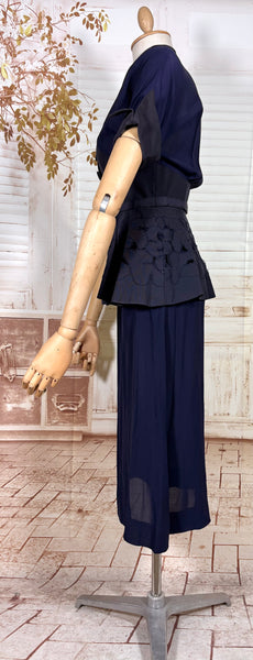 Exceptional 1940s Navy Blue Summer Suit With Pierced Peplum