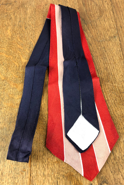 1940s Red Pink & White Bold Stripe American Rayon Swing Tie with Navy Neck