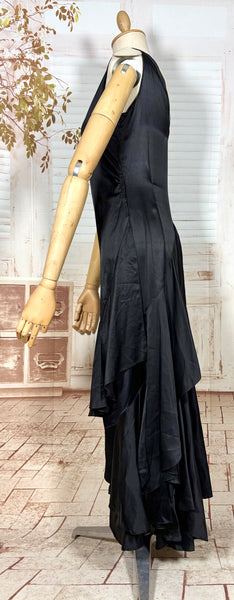 Exquisite Black Late 1920s / Early 1930s Silk Satin Evening Dress With Ruffle Details