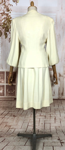 Incredible Original 1940s Vintage Off White Cream Skirt Suit With Quilted Shoulders And Huge Bishop Sleeves