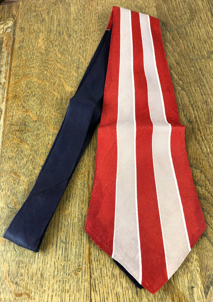 1940s Red Pink & White Bold Stripe American Rayon Swing Tie with Navy Neck