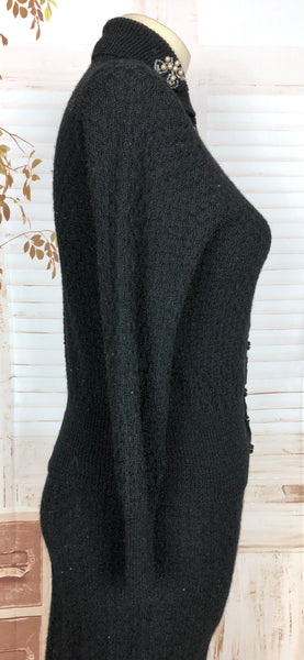 Classic Original 1950s Vintage Black Textured Knit Sweater Set With Beaded Collar