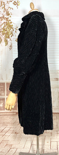 Exceptional 1920s / Early 1930s Black Textured Velvet Coat with Silk Lining and Bishop Sleeves