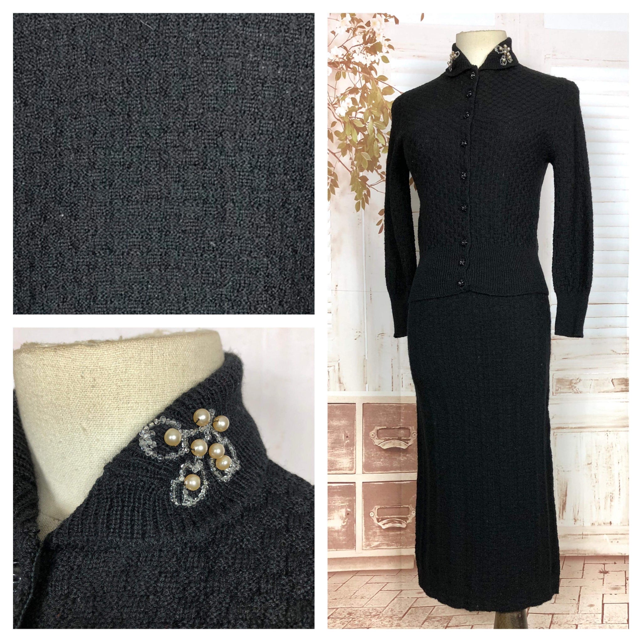 Classic Original 1950s Vintage Black Textured Knit Sweater Set With Beaded Collar