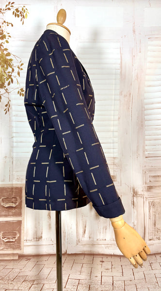 1940s Navy Wool Tailored Jacket – Woven Cream Rope Pattern, Shawl Collar