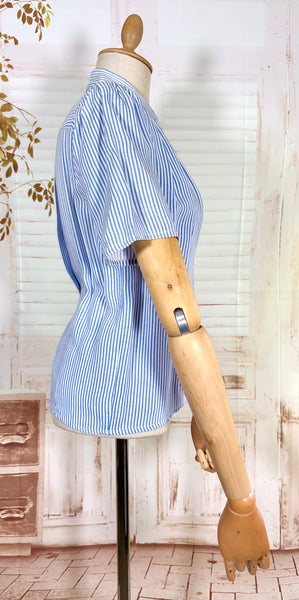 1940s Volup Blue & White Striped Blouse – Gathered Shoulders & Cross-Cut Patch Pocket