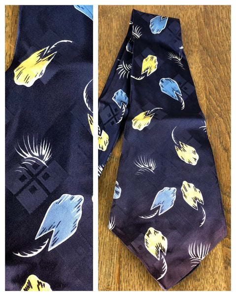 1940s Navy American Rayon Swing Tie with Blue & Yellow Abstract Leaf Print