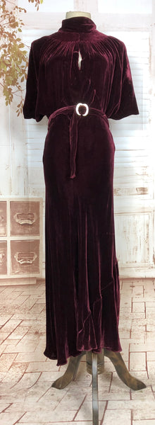 Incredible Original 1930s Vintage Burgundy Silk Velvet Evening Gown Dress With Low Back