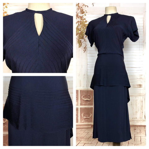 Amazing Original 1940s Vintage Navy Blue Peplum Dress With Incredible Pin Tuck Details