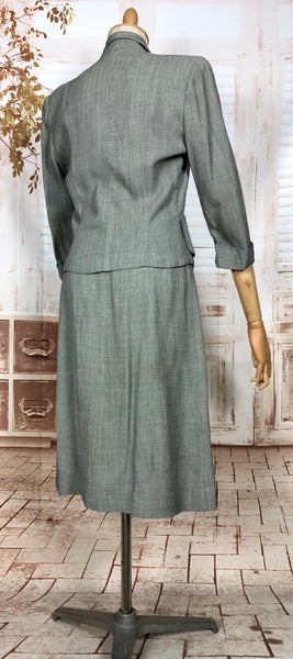 Stunning Grey 1940s Vintage Herringbone Skirt Suit With Statement Pockets By Cay Artley