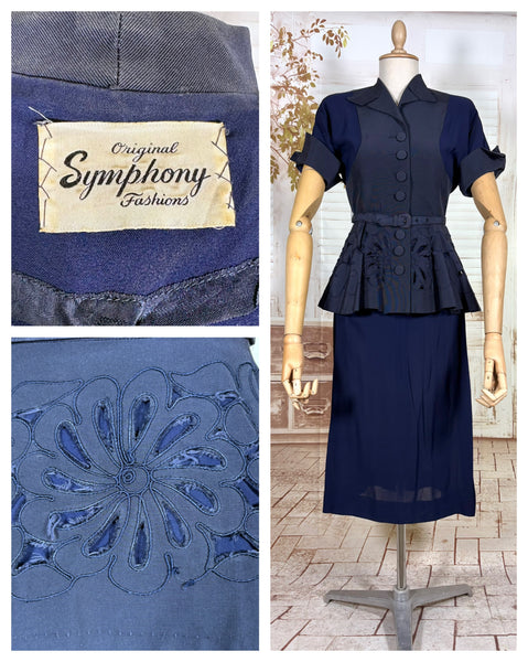 Exceptional 1940s Navy Blue Summer Suit With Pierced Peplum