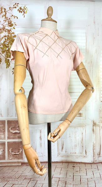 1940s Blush Pink Rayon Crepe Blouse – Lattice Openwork & Petal Embroidery