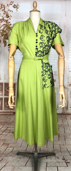 Incredible Original 1940s Vintage Chartreuse Green Day Dress With Floral Embroidery