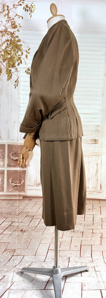 1940s Brown Gabardine Skirt Suit With Pocket Details
