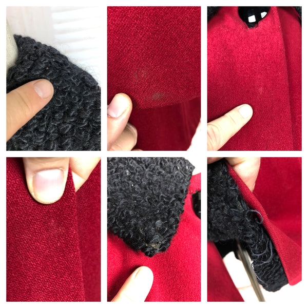 1940s Red Wool Swing Coat by Worth of Boston with Astrakhan Lining