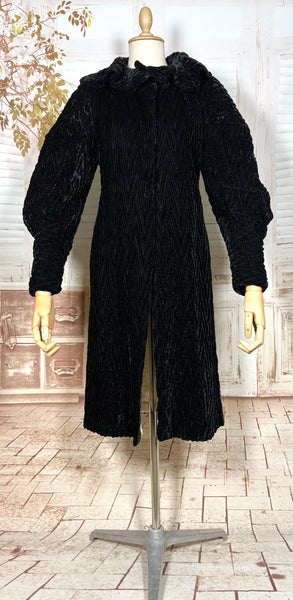 Exceptional 1920s / Early 1930s Black Textured Velvet Coat with Silk Lining and Bishop Sleeves
