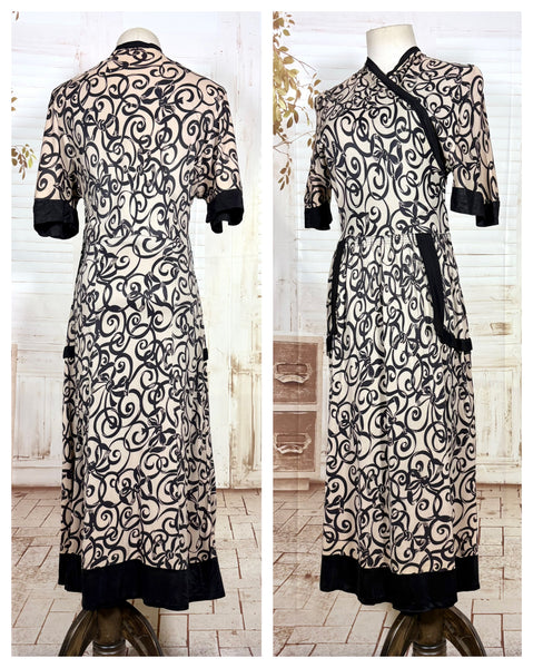 Fabulous 1930s Black And Cream Swirl Pattern Rayon Jersey Dress