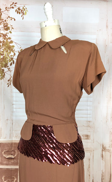 Exceptional Original 1940s Vintage Caramel Rayon Crepe Suit With Sequin Peplum And Bustle Back