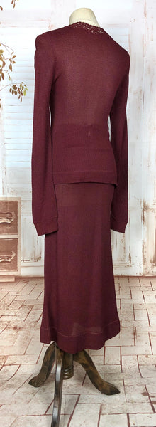 Exquisite Original 1930s Vintage Burgundy Knit Set With Lace Knit Inserts