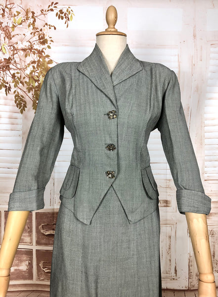 Stunning Grey 1940s Vintage Herringbone Skirt Suit With Statement Pockets By Cay Artley