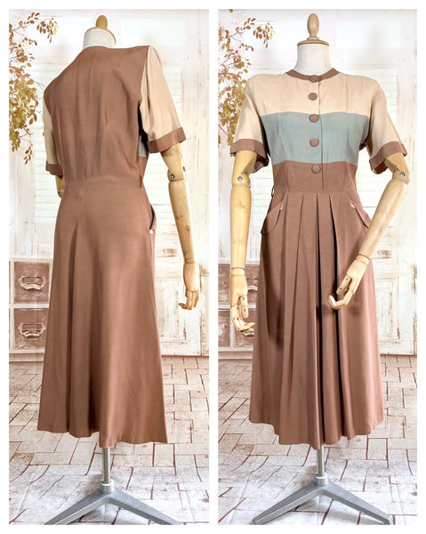 1940s Colour Block Day Dress in Mocha, Cream & Dusty Blue