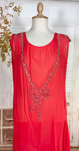 1920s Coral Silk Chiffon Beaded Flapper Dress