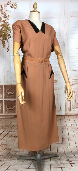 Incredible Original 1940s Volup Dress Suit In Tan With Chocolate Brown Accents