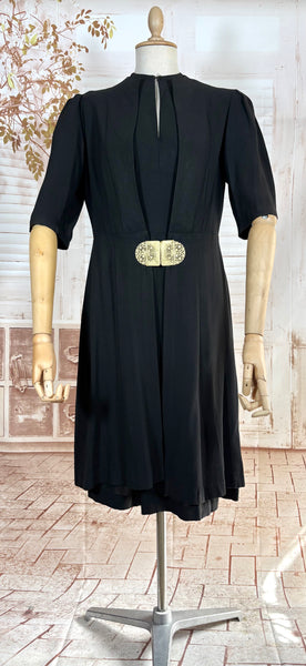 Exquisite 1930s Black Crepe Dress And Redingote Coat With Gold Filigree Buckle