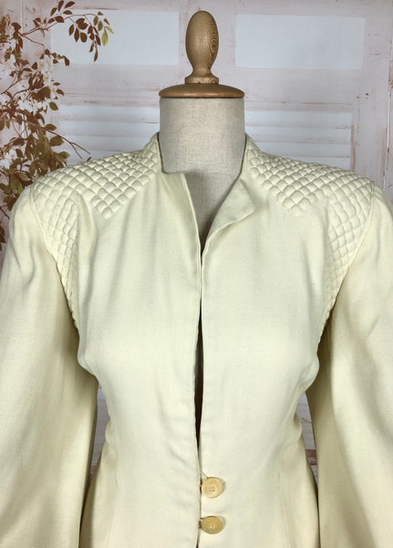 Incredible Original 1940s Vintage Off White Cream Skirt Suit With Quilted Shoulders And Huge Bishop Sleeves