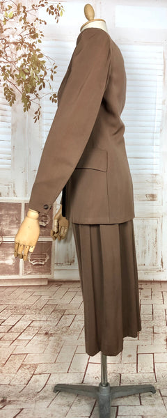 Iconic Original 1940s Vintage Joan Crawford Strong Shoulders Brown Gabardine Skirt Suit