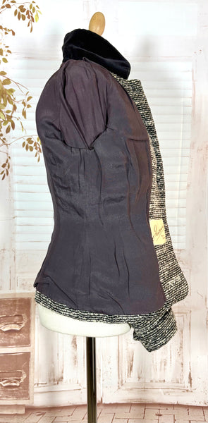 Late 1940s Black & Cream Bouclé Tweed Sports Blazer – Velvet Collar – Jancourt Petite Sports