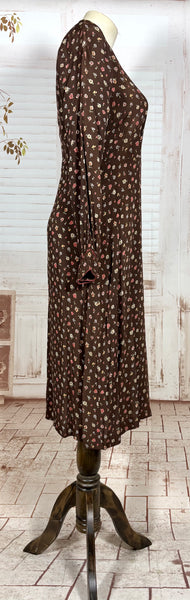 1930s Chocolate Brown Floral Crepe Dress with Pointed Cuffs