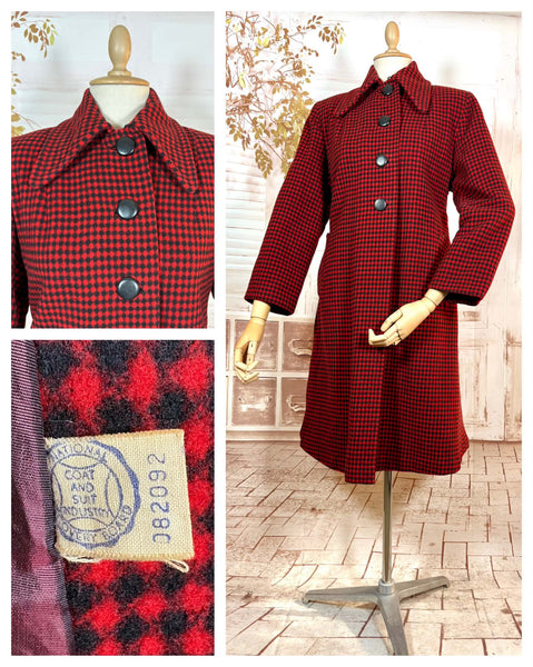 1940s Red & Black Checked Wool Swing Coat – Padded Shoulders, Oversized Collar