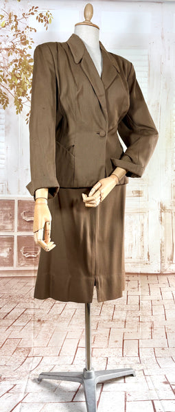 1940s Brown Gabardine Skirt Suit With Pocket Details
