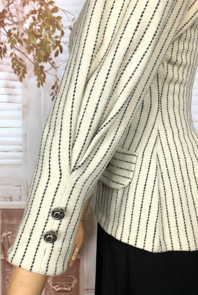 Exceptional Original 1930s Vintage Cream And Black Striped Bustle Back Skirt Suit