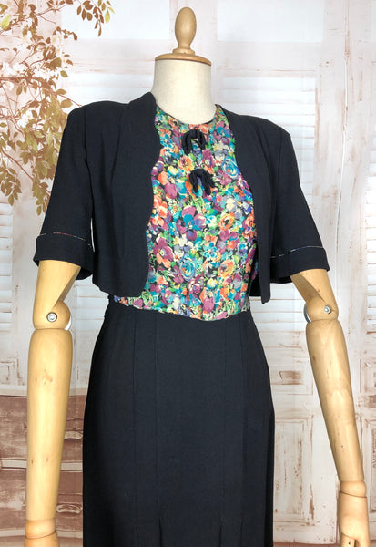 Wonderful Late 1930s / Early 1940s Black And Floral Print Dress With Mock Bolero Jacket