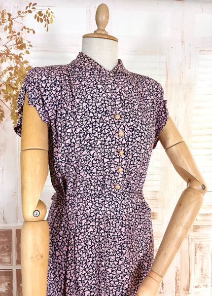 1940s Pink And Navy Blue Abstract Print Rayon Day Dress