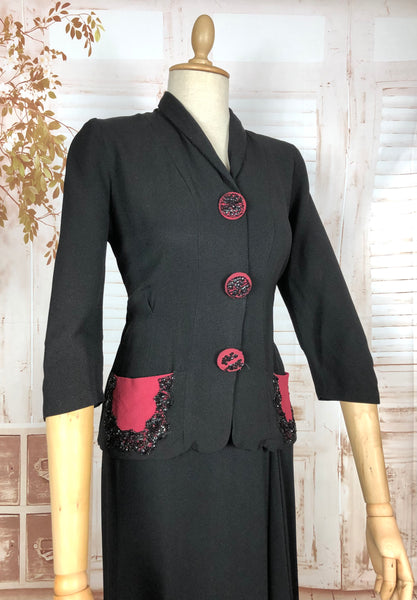 Amazing 1930s Long Line Skirt Suit With Fuchsia Pink Beaded Accents