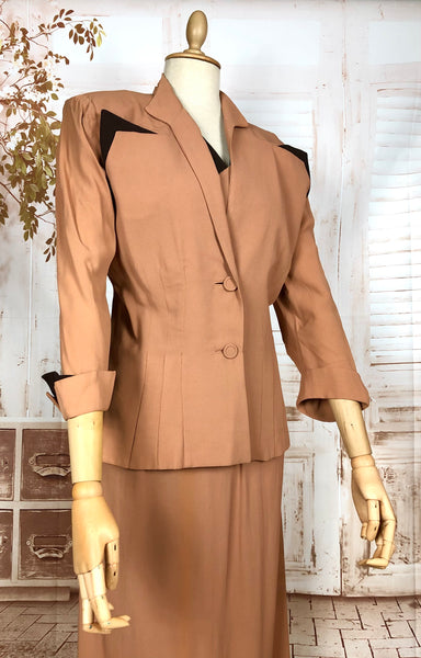 Incredible Original 1940s Volup Dress Suit In Tan With Chocolate Brown Accents