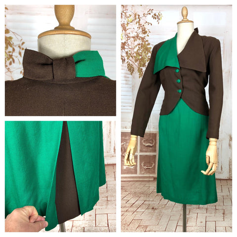 Stunning Original 1940s Vintage Green And Brown Colour Block Suit