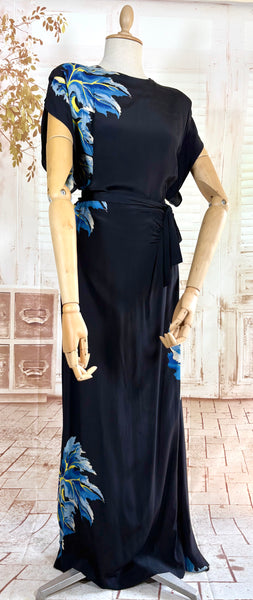 Exceptional 1940s Rayon Full Length Hawaiian Dress With Large Tropical Print
