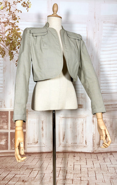 Grey Micro Check 1940s Cropped Bolero Jacket With Statement Shoulders