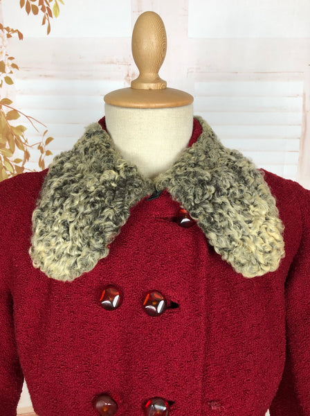 Incredible Original 1940s Red Princess Coat With Astrakhan Collar