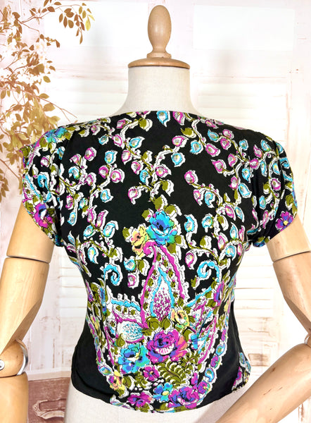 1940s Blouse – Bold Paisley & Floral Print in Magenta, Turquoise & Olive
